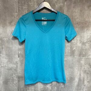 Nike Womens Dri-FIT V-Neck Athletic T-Shirt Turquoise Blue Small 684683-418
